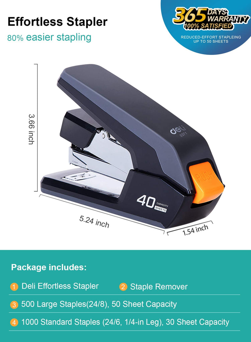 [Australia - AusPower] - Deli Effortless Desktop Stapler, 40-50 Sheet Capacity, One Finger Touch Stapling, Easy to Load Ergonomic Heavy Duty Stapler, Includes 1500 Staples and Staple Remover 40-50 Sheets Black 