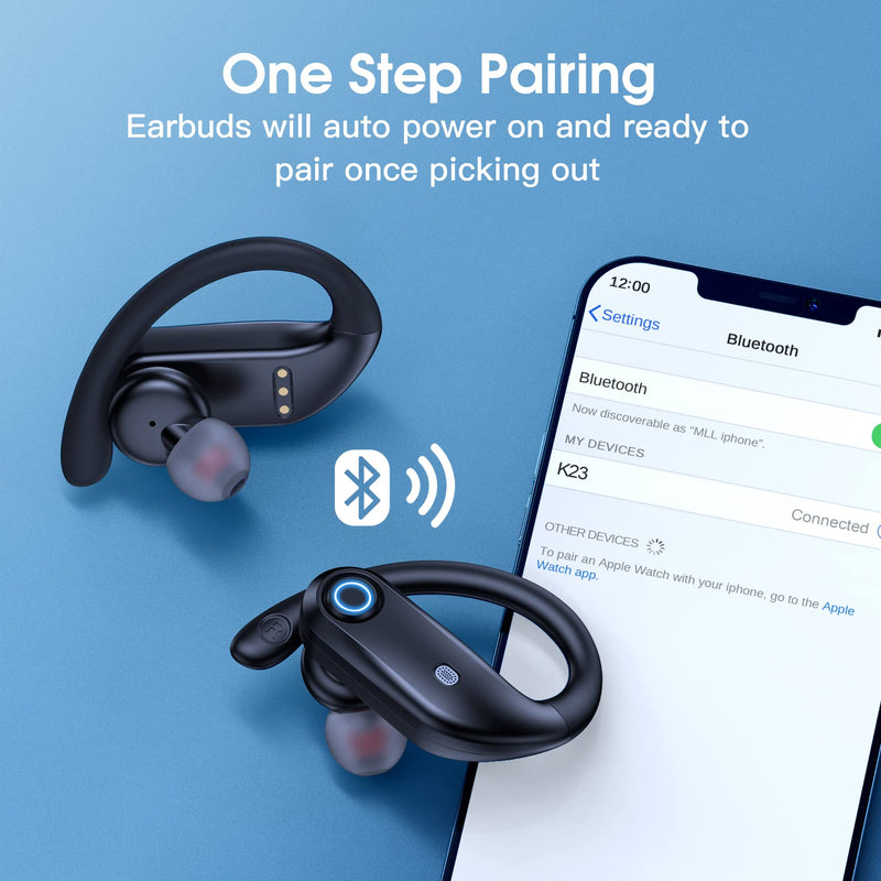 [Australia - AusPower] - OKEEFE Bluetooth Headphones 48Hrs Playback Wireless Earbuds with Wireless Charging Case and Earhooks Over Ear Waterproof Earphones with Mic for Sports Running Workout iOS Android TV Phone Laptop Black 