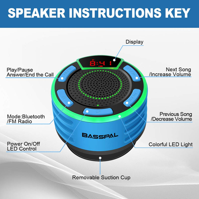 [Australia - AusPower] - IPX7 Waterproof Speaker, BassPal Bluetooth Portable Wireless Shower Speakers with LED Display, FM Radio, Suction Cup, Light Show, TWS, Loud Stereo Sound for Pool Beach Home Party Travel Outdoors 