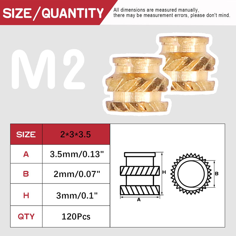 [Australia - AusPower] - Hilitchi 120Pcs Brass Knurled Nuts Threaded Heat Embedment Nut for Printing 3D Printer and More Projects (M2x3x3.5) M2x3x3.5-120PCS 