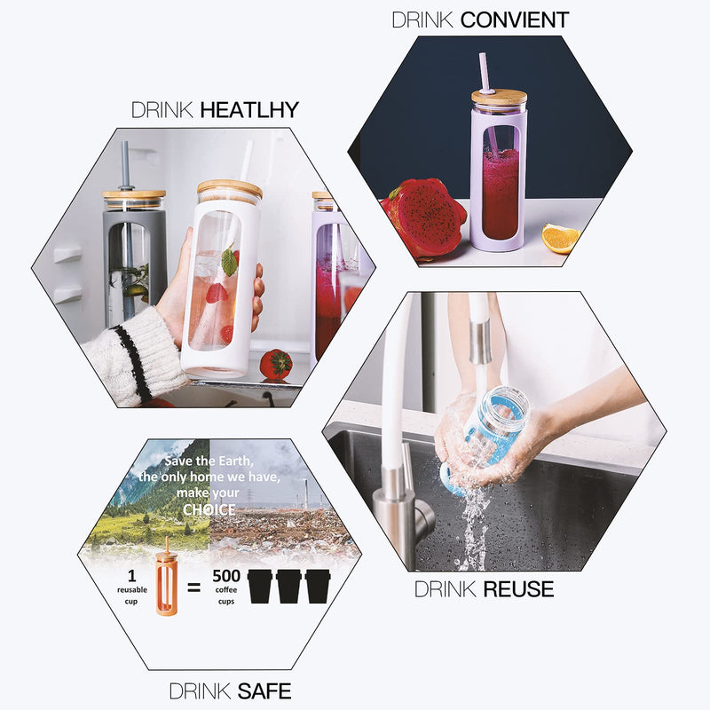 [Australia - AusPower] - Kodrine 20oz Glass Water Tumble with Straw and Lid,Bamboo Lids Water Bottle, Iced Coffee Cup Reusable, Wide Mouth Smoothie Cups, Straw Silicone Protective Sleeve BPA FREE-Amber 20oz-Amber 1 Count (Pack of 1) 