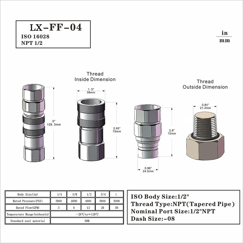 [Australia - AusPower] - LX-FF-04 1/2" Skid Steer Bobcat Flat Face Hydraulic Quick Disconnect Coupling NPT1/2 Set Quick Connect Couplers with Red Dust Caps 1-Set 1/2NPT 