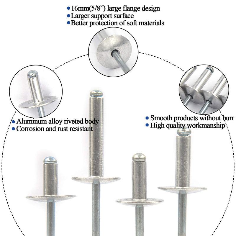 [Australia - AusPower] - 60pcs Large Flange Blind Rivets, Aluminum,Flange Diameter 5/8" (16 mm),Pop Rivets Assortment Kit Blind Rivet,3/16" x 1/2",Grip Range(4.8-8mm) 3/16"×1/2"(4.8×12mm) 