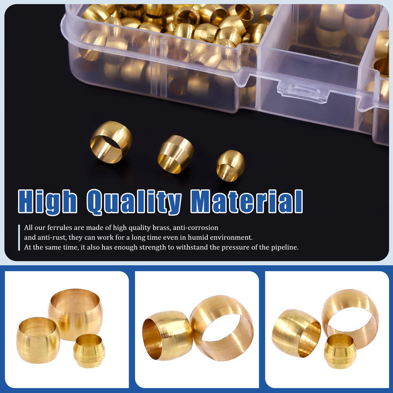 [Australia - AusPower] - Glarks 180Pcs Tube OD 3/16" 1/4" 5/16" Brass Compression Sleeves Ferrules, 3 Size Brass Compression Fitting Assortment Kit 