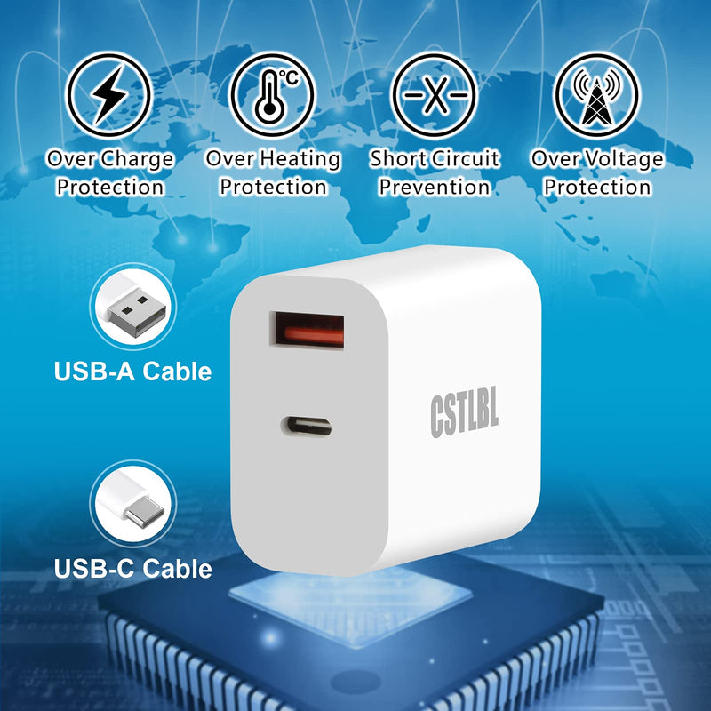 [Australia - AusPower] - CSTLBL Wall Charger with USB and C Ports 18W Fast Charge for iPhone iPad and Tablet 2 in 1 Smart Adapter Plug with 1M C to C Cable White 