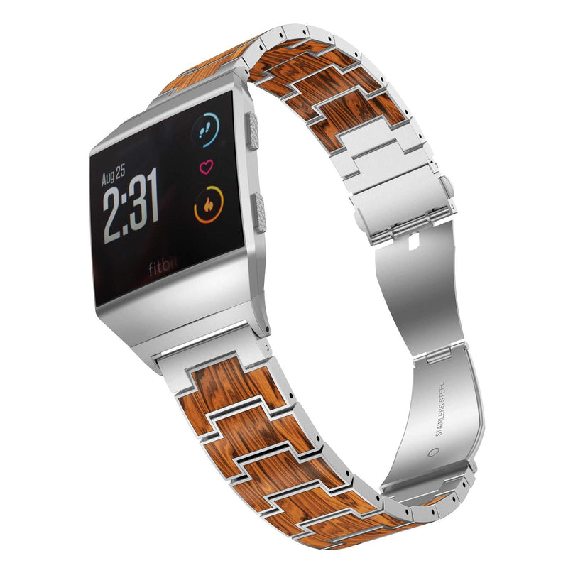 [Australia - AusPower] - AWMES Wood Band Compatible for Fitbit Ionic Band, Natural Wood Red Sandalwood Stainless Steel Metal Business Band Replacement Accessory Watch Strap for Fitbit Ionic Smartwatch (Silver) Silver 