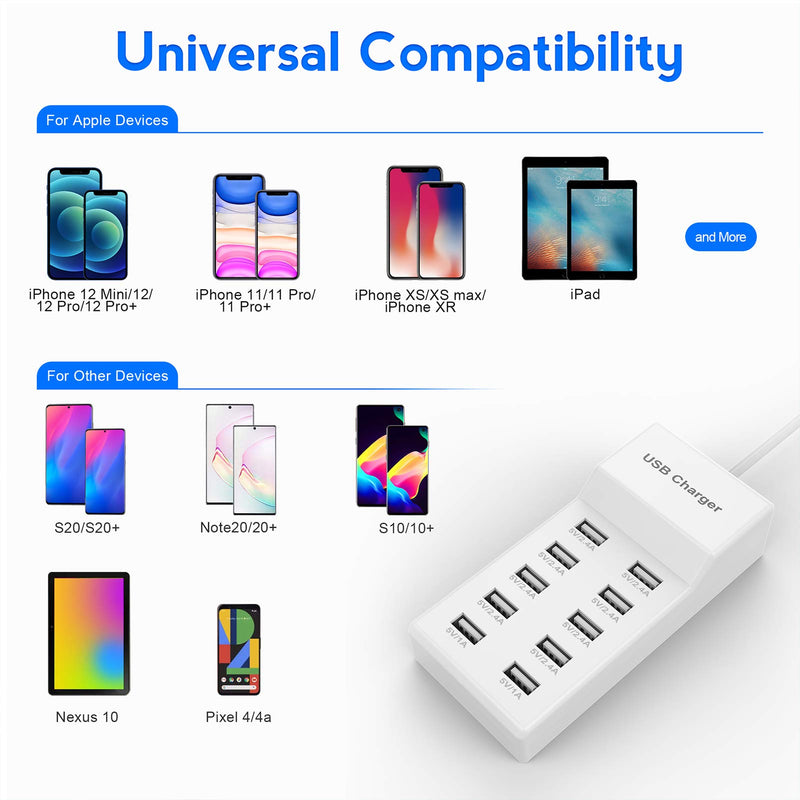 [Australia - AusPower] - USB Wall Charger 10-Port USB Charger Station with Rapid Charging Auto Detect Technology Safety Guaranteed Family-Sized Smart USB Ports for Multiple Devices Smart Phone Tablet Laptop Computer 