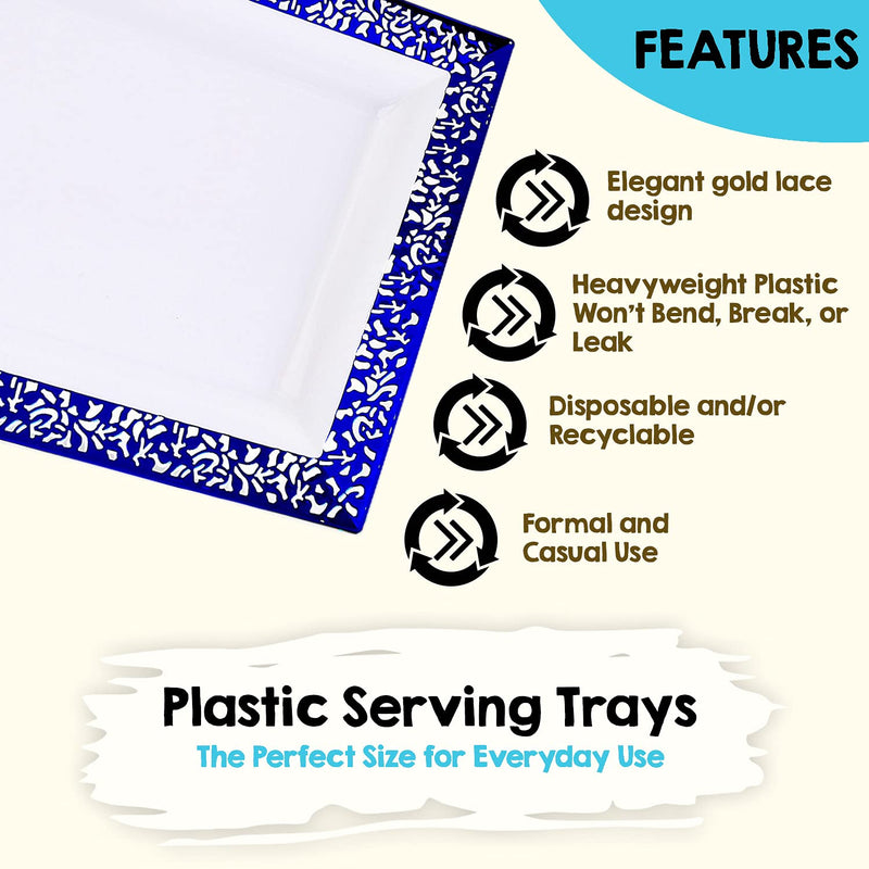 [Australia - AusPower] - Yumchikel - Elegant Plastic Serving Tray & Platter Set (4pk) - Blue & White Lace Rim Disposable Serving Trays & Platters for Food - Weddings, Parties, Dessert Table, Cupcake display - 7.5x14 inches 