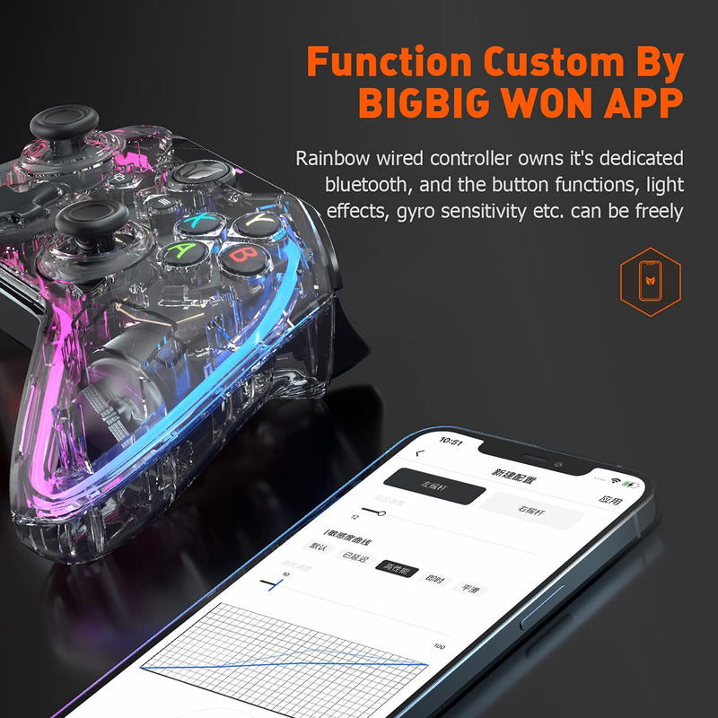 [Australia - AusPower] - Wired PC Controller, BIGBIG WON Rainbow Game Controller RGB Light, Motion Aim, Custom Buttons, Macro, Turbo, Dual Shock Wired Controller for Switch/Win10&11 Controller for PS5/PS4 via R90 Adapter-1pc 