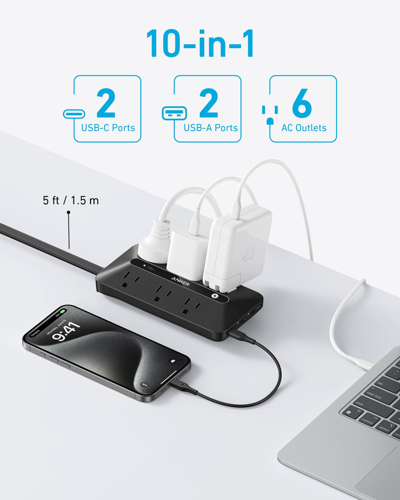 [Australia - AusPower] - Flat Plug Power Strip, Anker USB C Power Strip, 10-in-1 Ultra Thin Power Strip with 6 AC, 2 USB A and 2 USB C Ports,5ft Extension Cord, Desk Charging Station,Home Office College Dorm Room Black 