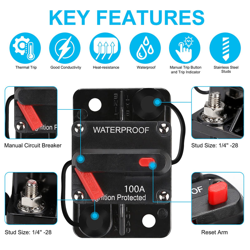 [Australia - AusPower] - 100 AMP Fuse Holders,Audio Circuit Breaker,Reset Fuse Inverter, 12V-48V DC Fuse Holder,Replace Fuses,with Reset Button,for Automotive Marine Boat Audio System Current Overload Protection 100Amp 