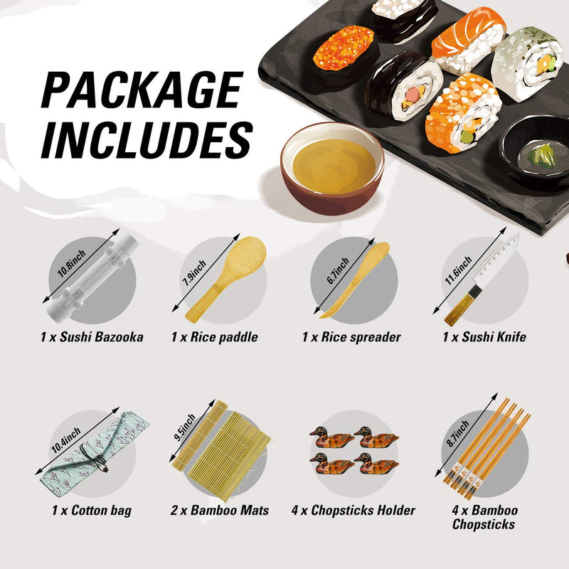 [Australia - AusPower] - ISSEVE Sushi Making Kit, Bamboo Sushi Mat, All In One Sushi Bazooka Maker with Bamboo Mats, Bamboo Chopsticks, Paddle, Spreader, Sushi Knife, Chopsticks Holder, Cotton Bag, DIY Sushi Roller Machine sushi tool 