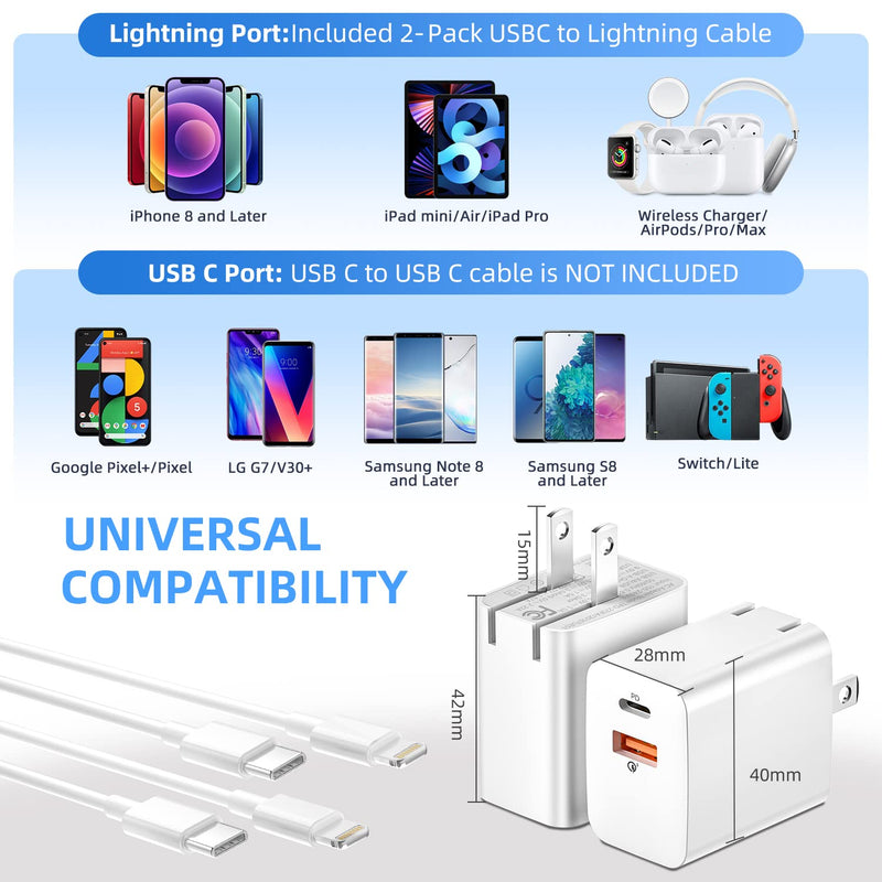 [Australia - AusPower] - 2-Pack iPhone 13 12 Fast Charger, [MFi Certified] Dual Port 20W USB C Wall Charger Fast Charging Block with 6FT USB C to Lightning Cable PD/QC 3.0 Quick Chargers for iPhone 13 12 11 Pro Max Xs XR/iPad 