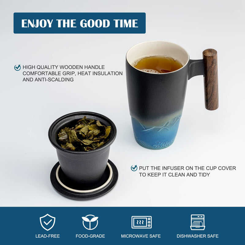 [Australia - AusPower] - suyika Tomotime Ceramic Tea Cup with Infuser and Lid Tea Mugs Wooden Handle 400ml/13.5oz Black cyan 