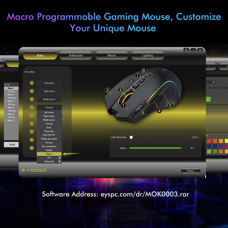 [Australia - AusPower] - E-YOOSO X-11 Wireless RGB Gaming Mouse Rechargeable, 8000 DPI Wired Gaming Mouse, Type C Wired Customize RGB Backlit Mouse with Rapid Fire Key 9 Programmable Buttons Mouse with Macro Programming 