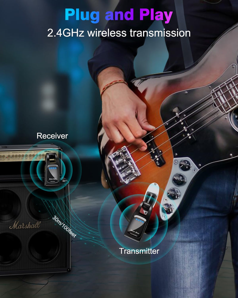 [Australia - AusPower] - Wireless Guitar System 2.4GHz with 6 Channels Rechargeable Audio Wireless Guitar Transmitter Receiver for Guitar Bass Electric Instruments 