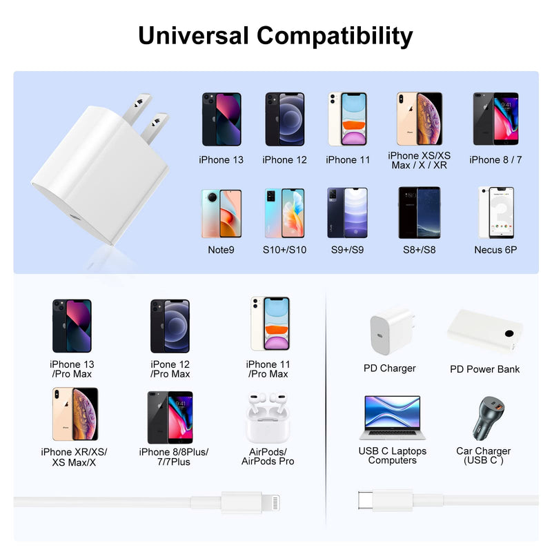 [Australia - AusPower] - iPhone 13 Pro Charger Block, [ MFi Certified] 20W Wall Charger Plug and USB C to Lightning Cable Cord 6ft,Apple 12 Charging Block Power Adapter Cube Brick for iPhone 13 Pro Max/12 Mini/12 Pro/11,iPad 