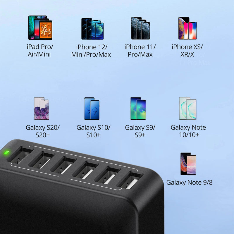 [Australia - AusPower] - USB Charging Station 60W 12A 6-Port Desktop USB Charger with Multiple Port, USB Charging Hub Compatible with iPhone 13 Pro Max Mini 12 Pro Max 11 X SE, iPad Pro Air Galaxy S21 Tablet Pixel 