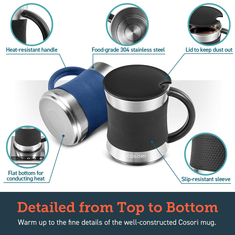 [Australia - AusPower] - COSORI Coffee Mug with Lids Set of 2, Stainless Steel Cups with Heat-resistant Handle & Slip-resistant Sleeve, 17 oz, Best Match w/Mug Warmer, for Coffee,Tea,Water,Cocoa, Milk, C1601-CM, Black & Blue 