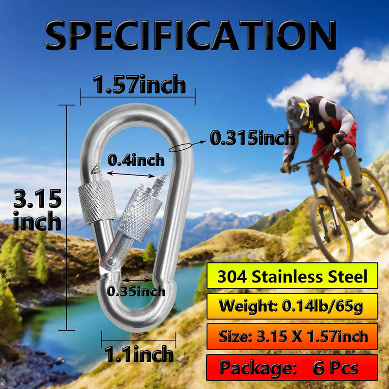 [Australia - AusPower] - Acquwistach 6 Pack Locking Carabiners Clips 3.15" Stainless Steel Spring Snap Hook Locking Carabiner - 304 Premium Stainless Steel Heavy Duty Thumb Screw Carabiner Clips 