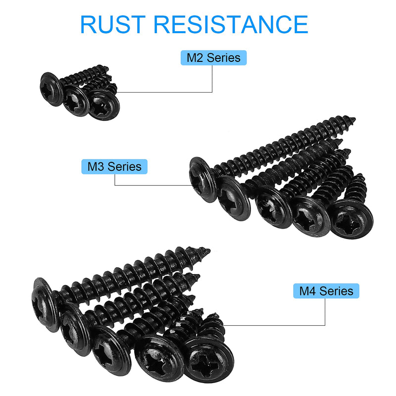 [Australia - AusPower] - HanTof 420pcs M2 M3 M4 Phillips Truss Head Self-Tapping Screws,Wafer Head Screws, Pan Head with Washer Wood Screws,13 Sizes Self Tapping Screws Assortment Kit,Black Carbon Steel Black 