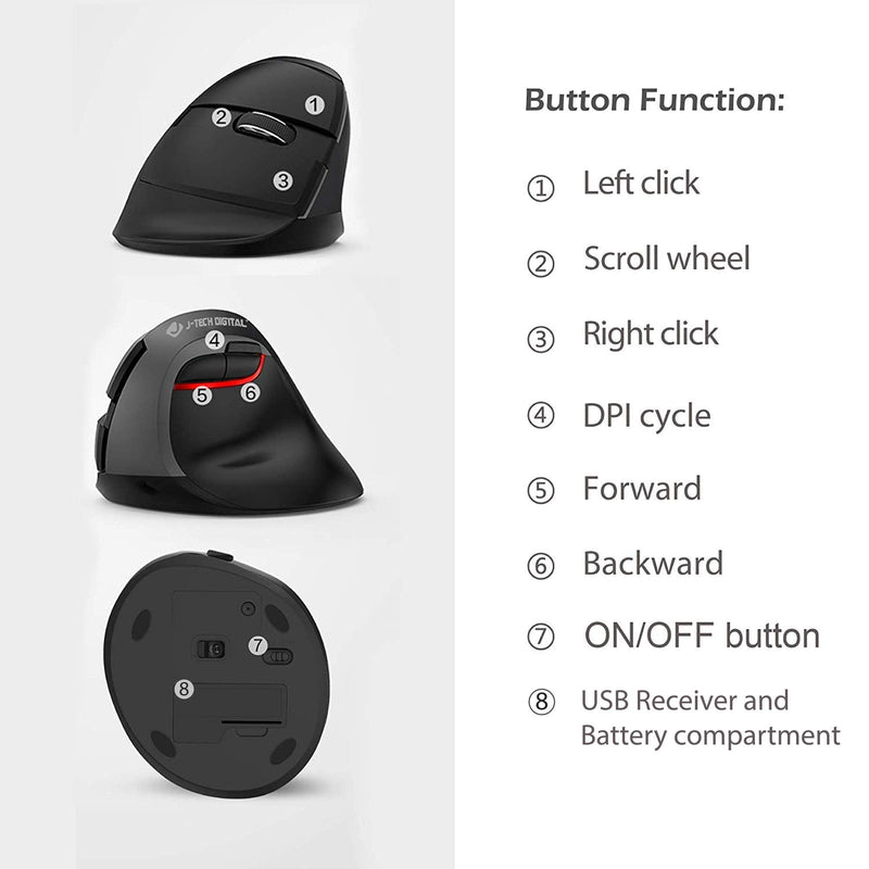 [Australia - AusPower] - J-Tech Digital Wireless Ergonomic Vertical Mouse for Small Hands with USB Nano Transceiver, AA Battery, 3 DPI, Compatible with Mac and PC, Black [V628M-2.4G] Right-handed Black 