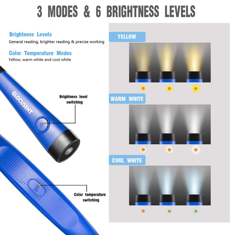 [Australia - AusPower] - Glocusent LED Neck Reading Light, Book Light for Reading in Bed, 3 Colors, 6 Brightness Levels, Bendable Arms, Rechargeable, Long Lasting, Perfect for Reading, Knitting, Camping, Repairing Light Blue 