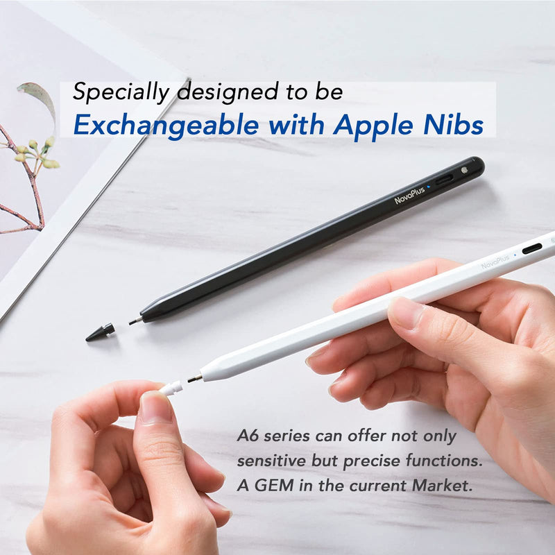 [Australia - AusPower] - Novaplus A6 Stylus Pen for iPad, 1.4mm Tip Exchangeable with Apple Pencil, Magnetic Design, Palm Rejection, Tilt Function. Precise Writing/Drawing. Compatible with iPad 6-9th/ Mini 6/Air 3-4th Gen. Black 