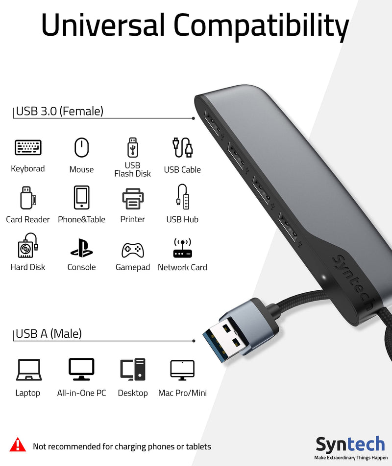 [Australia - AusPower] - USB Hub Syntech 4-Ports USB Hub 3.0 with 2ft Extended Cable, USB Splitter with a USB C to USB Adapter, Compatible with MacBook Pro 2021, Mac Pro/Mini, iMac, ASUS, Chromebook, Dell, Surface Pro, etc. 