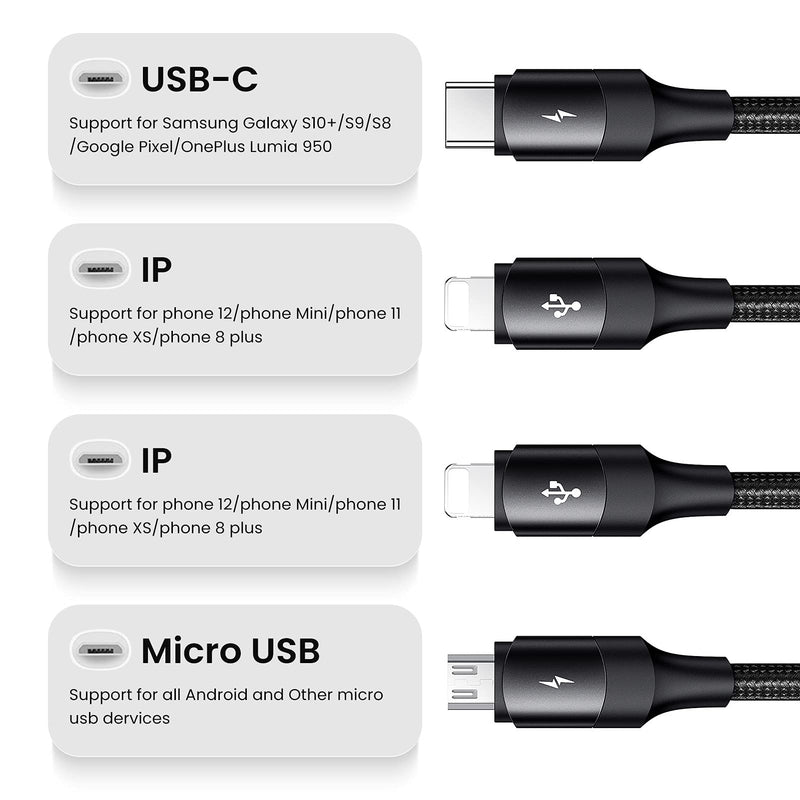 [Australia - AusPower] - Multi Charging Cable, 2pack USAMS Multi USB Cable 3A 4FT USB Charging Cable Nylon Braided Universal 4 in1 Multiple Charger Cord Adapter Type-C/Micro USB Port, Compatible with Cell Phones and More Black-2pack 