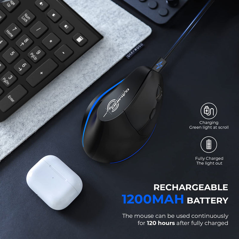 [Australia - AusPower] - ECHTPower Rechargeable Ergonomic Mouse, 2.4G Wireless Vertical Mouse-Reduce Wrist Pain, 3 Adjustable DPI 2400/1600/1000, 6 Button, LED Wireless Mouse for Laptop, Computer, Desktop, Windows, Mac OS 