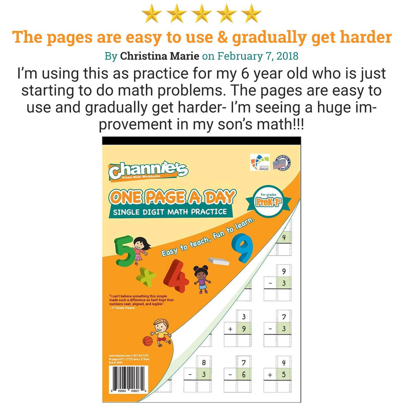 [Australia - AusPower] - Channie’s One Page A Day Single Digit Addition & Subtraction Workbook for Pre-Kindergarten - 1st Grade Elementary School Students, Single Digit Math Practice, 50 Pages 