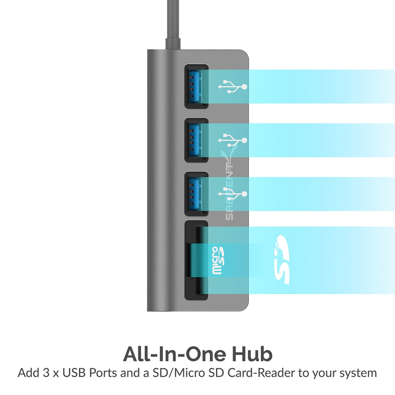 [Australia - AusPower] - SABRENT USB-C 3.0 Hub, 5-in-1 USB SD Card Reader, SD & TF Dual Slot + 3 USB 3.0 Hub Portable Compatible with MacBook, Mac Pro/Mini, iMac, XPS, Surface Pro, Windows, Thunderbolt (HB-U3CR) USB 3.0 Type C 
