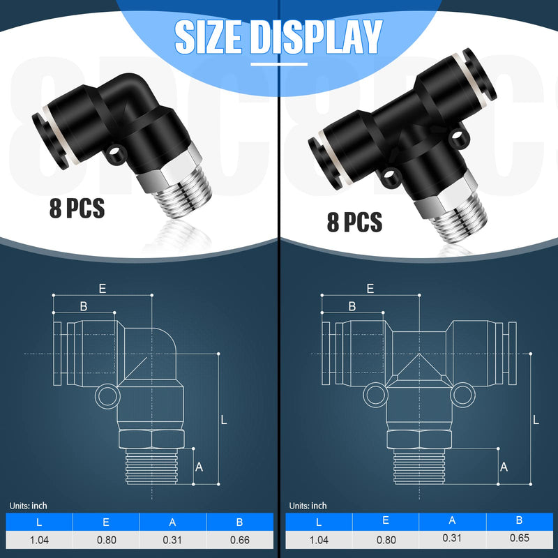 [Australia - AusPower] - 24 Pcs Push to Connect Tube Fittings 1/4 Inch Tube OD x 1/8 Inch NPT Pneumatic Fittings Kit Male Thread Straight Push Quick Release Connectors Air Connectors, 8 Straight, 8 Elbow, 8 Brunch Tee 