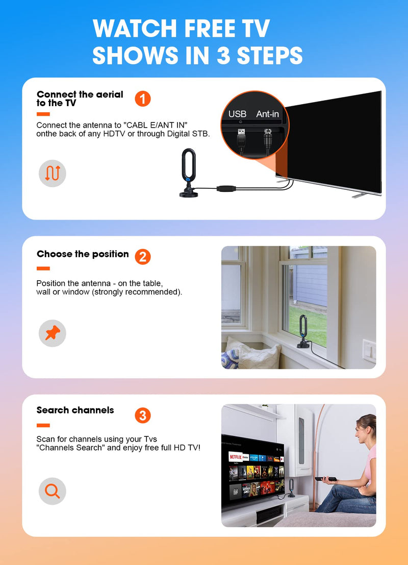 [Australia - AusPower] - WUMINGLU TV Antenna for Smart TV Indoor 2023 Newest Clear 4K Digital Antenna HD TV Up to 380 Miles Long Range Local Channels Indoor Outdoor Amplifier Signal Booster Cable Easy Setup 