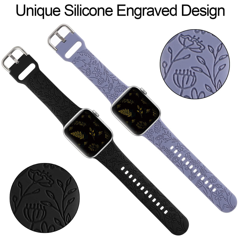 [Australia - AusPower] - 2 Pack Flower Engraved Sport Strap Compatible with Apple Watch Bands 38mm 40mm 41mm, Women Floral Laser Soft Silicone Wristband Replacement iWatch Series 7 6 5 4 3 2 1 SE Black Blue 38/40/41mm 