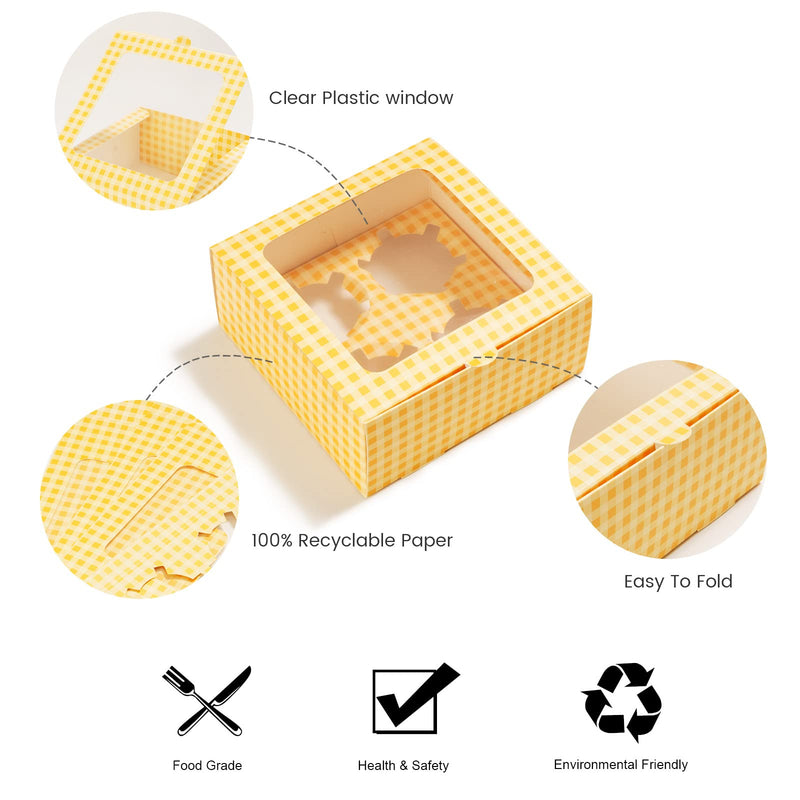 [Australia - AusPower] - Cupcake Boxes Bulk 5 Packs , Disposable Cupcakes Container Hold 4 Standard Bakery, Pastry, Cookie ,Muffins,Gift Treat Cake Boxes with Window , Red Ribbon 6 x 6 x 2.7" 