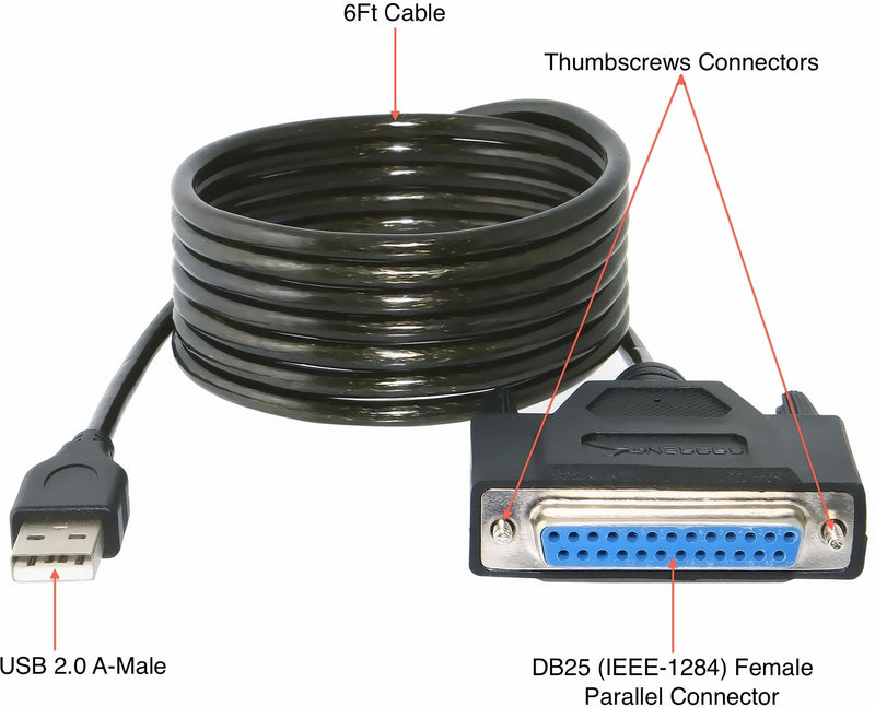 [Australia - AusPower] - SABRENT USB 2.0 to DB25 IEEE-1284 Parallel Printer Cable Adapter [THUMBSCREWS Connectors] (CB-DB25) DB25 Thumbscrews 