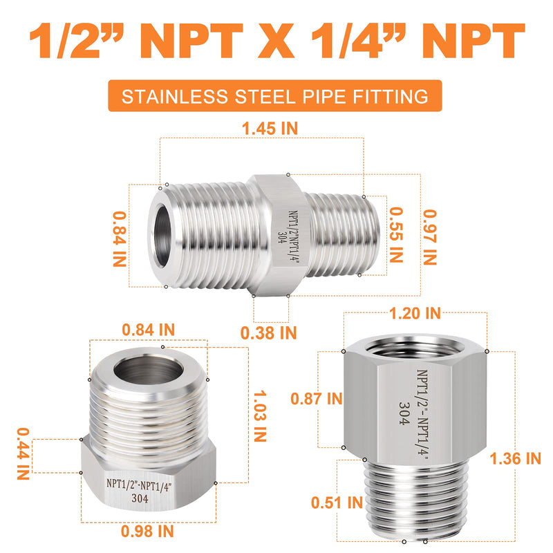 [Australia - AusPower] - GASHER 6PCS 304 Stainless Steel Pipe Fitting, Hex Bushing, Reducer Adapter, Reducing Hex Nipple 1/2 Inch NPT x 1/4 Inch NPT 1/2" NPT x 1/4" NPT 