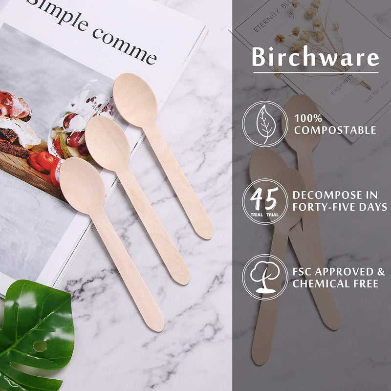 [Australia - AusPower] - HLSN Packaging Box Disposable Wooden Spoons 100 Pieces, 100% Natural Birch Biodegradable Spoons, Food Grade Disposable Spoons Disposable Wooden Cutlery for Parties, Weddings, Camping (6.3") 