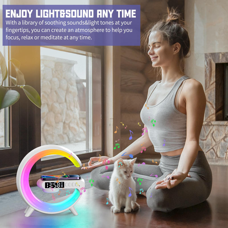 [Australia - AusPower] - 2023 New Mini Wireless Speaker Charger, Atmosphere Light with Wireless Charging Function Table Lamp, Bedside Lamp with Alarm Clock & Charging Function, Bedroom Bedside Lamp, Christmas Gifts (White) White 