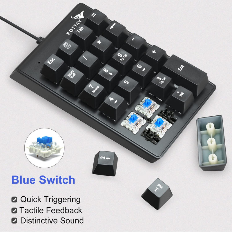 [Australia - AusPower] - Number Pad, ROTTAY Mechanical USB Wired Numeric Keypad with Blue LED Backlit 22 Key Numpad for Laptop Desktop Computer PC Black (Blue switches) 
