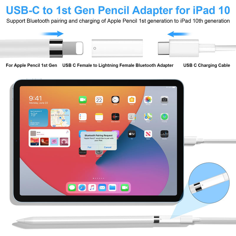 [Australia - AusPower] - USB-C Charger Adapter for iPad 10th 10 Gen, USB Type C to Lightning Female Bluetooth Pairing Connector with Magnetic Replacement Cap Protective Silicone Cap Holder for Apple Pencil Pen 1st Generation 