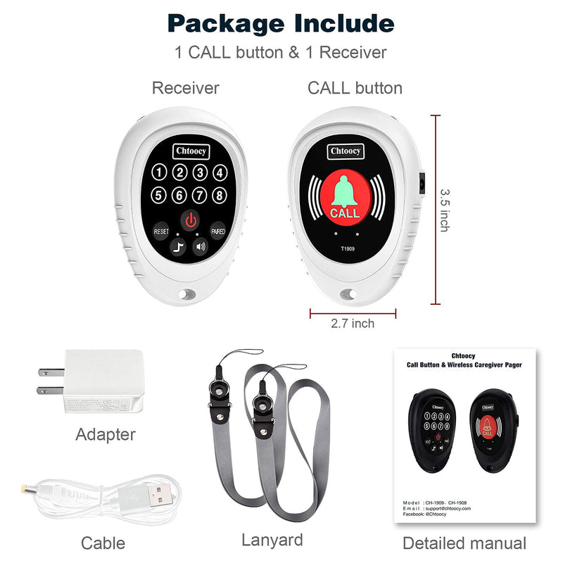 [Australia - AusPower] - Chtoocy Rechargeable Wireless Panic Button Caregiver Pager Smart Call Transmitter with Receiver Nurse Calling Alert Patient Help System for Elderly 1000 Ft Range (1 Call Button and 1 Receiver, White) 1 Receiver & 1 Call button 