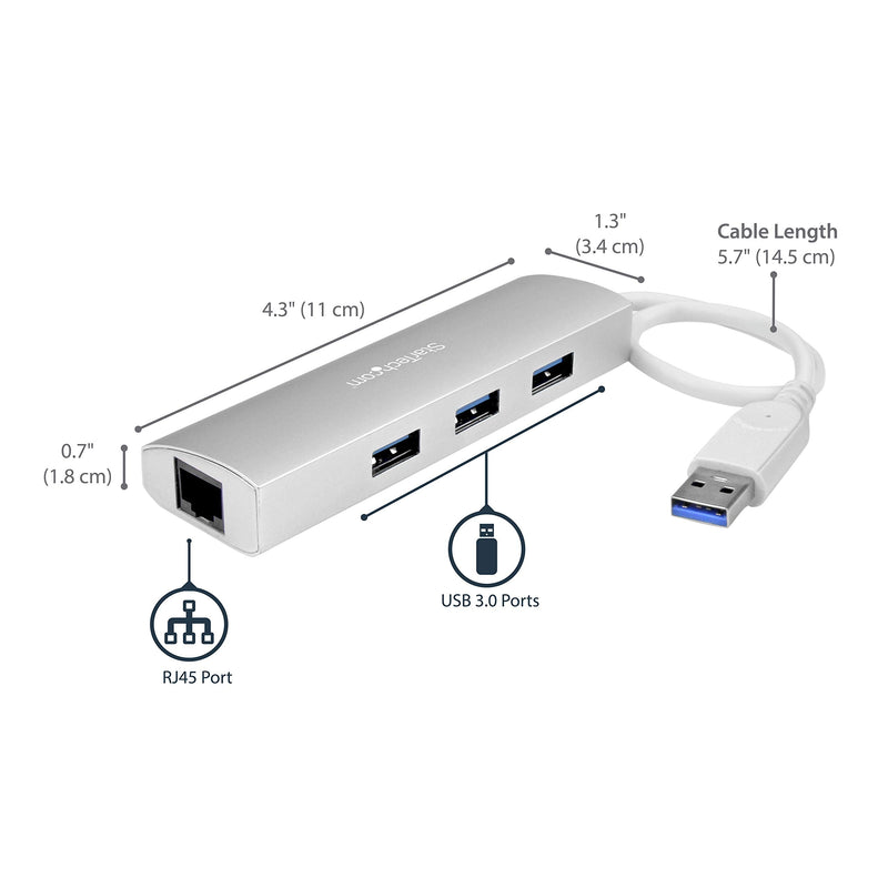 [Australia - AusPower] - StarTech.com 3-Port USB 3.0 Hub with Gigabit Ethernet - Up to 5Gbps - Portable USB Port Expander with Built-in Cable (ST3300G3UA) Silver w/ 3 USB Ports 