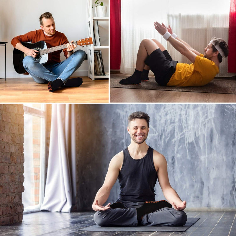 [Australia - AusPower] - Non Slip Socks for Men House Socks with Grips 3 Pairs Anti-Skid Yoga Pilates Floors Hospital Slipper Socks Gift for Men 01 Black+gray+navy Blue 10-13 