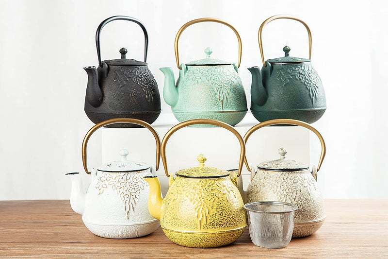[Australia - AusPower] - Tea Kettle, TOPTIER Japanese Cast Iron Teapot with Stainless Steel Infuser, Cast Iron Tea Kettle Stovetop Safe, Leaf Design Teapot Coated with Enameled Interior for 32 Ounce (950 ml), Light Green 32 oz / 950 ml 