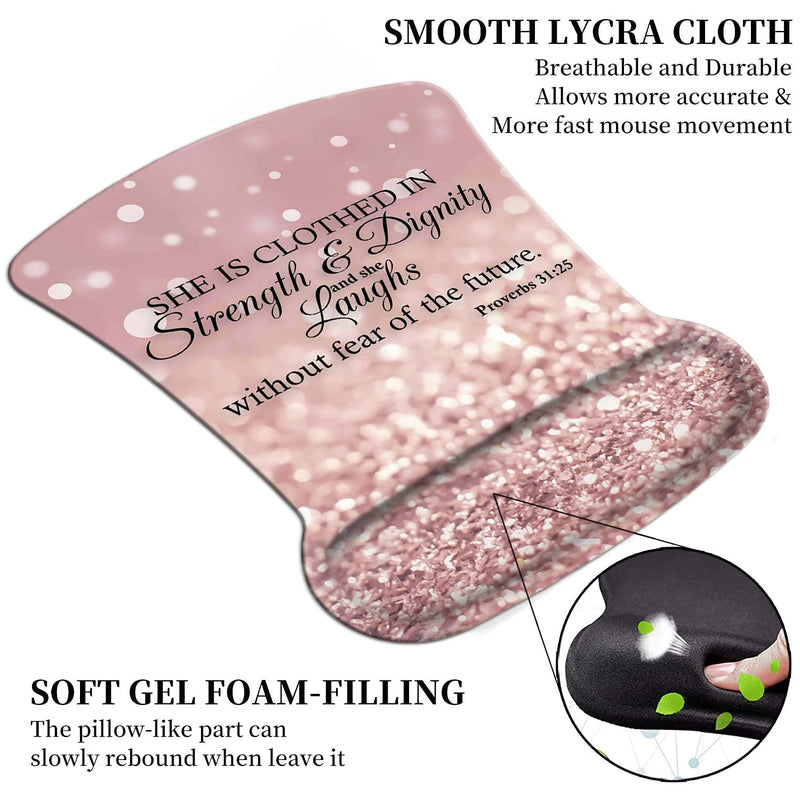 [Australia - AusPower] - Ergonomic Mouse Pad Wrist Support Gel and Keyboard Wrist Rest Set Proverbs 31:25,Bible Verse Pink Glitter Design for Laptop, Mac, Gaming and Office, Durable, Comfortable and Pain Relief + Coaster Yu-mousepad-2-3 