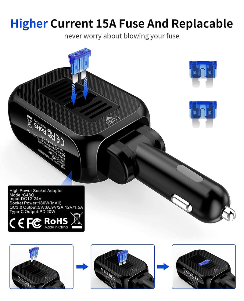 [Australia - AusPower] - SUPERONE 180W Cigarette Lighter Splitter with 20W PD, 2-Socket Cigarette Lighter Adapter, Fast USB C Car Charger with Type-C 20W PD & QC 3.0 for Dash Cam, GPS, Laptop/iPad/iPhone 13/12/11/X/8/Samsung 