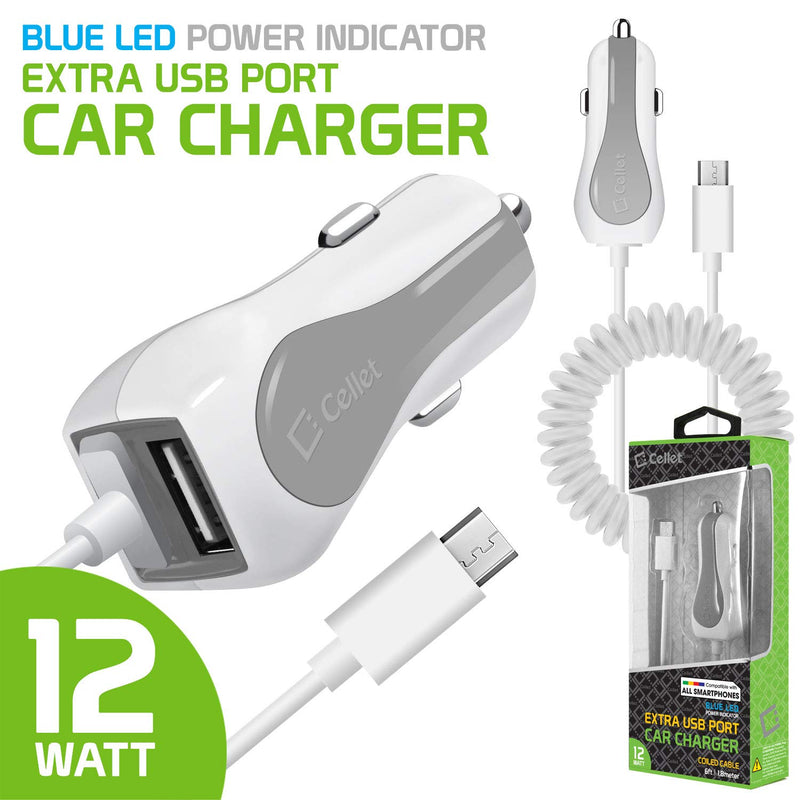 [Australia - AusPower] - Cellet PMICROMS21 Fast Charging 2.4Amp Output Dual USB Car Charger 4ft Long Micro USB Cable Compatible with LG Risio 3 K20 Harmony Grace K20 V K20 Plus K30, K4 Optimus Zone 3, Rebel, K8 (2018), White 